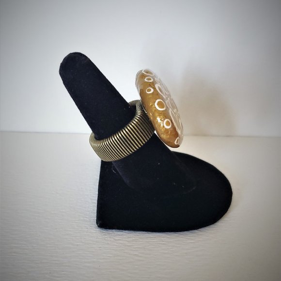 Hand Painted Dot Art Gold and Parchment Statement Ring, Cocktail Ring - Picture 4 of 9